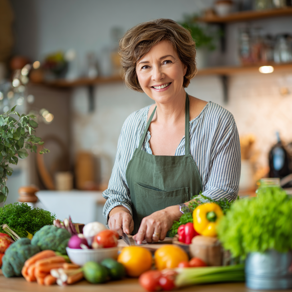 Happy Polish family enjoying a healthy meal together, smiling while sitting around a dining table with fresh vegetables and nutritious foods